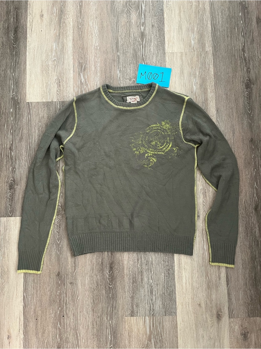 Buffalo David Bitton Mens Sweater Small Olive Green Y2K Contrast Stitch Graphic